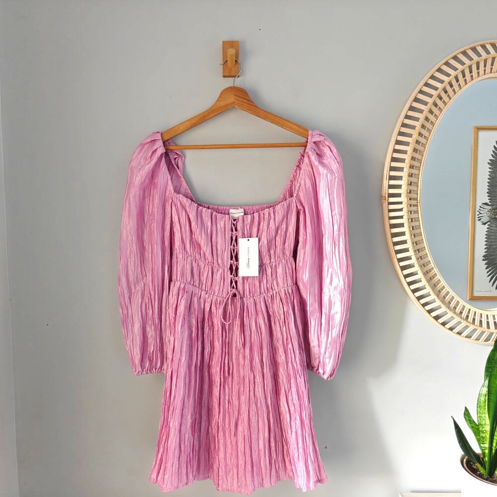 LOVERS + FRIENDS Take Me Out Pink Smocked Pleated Lace-Up Mini Dress Small NWT